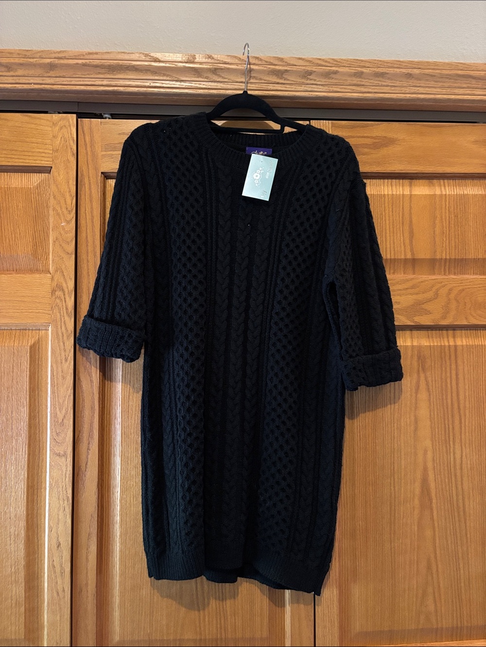 Black Cable Knit Crewneck Sweater Dress - Unbranded